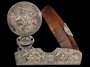 Collectible Antique Vintage Comb With Case & Mirror Denmark Silver Plated - Picture 1 of 12