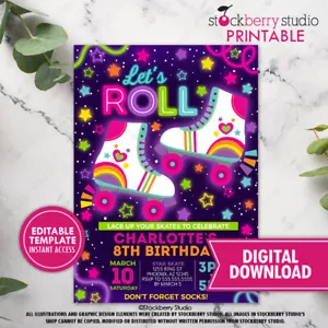 Glow Roller Skate Birthday Invitation Girl Neon Rainbow Skating Invite - Picture 1 of 3