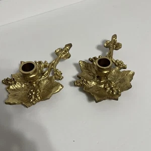 Vintage Brass Maple Leaf And Berries Taper Candlestick Holders Set Of 2 - Picture 1 of 10