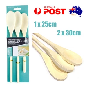 3pc Wooden Spoons Set Long Handle Mixing Kitchen Cooking Stirring Spoon Mix Size - Picture 1 of 1