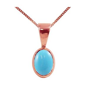 9ct Rose Gold Natural Turquoise Single Oval Pendant & Necklace British Made