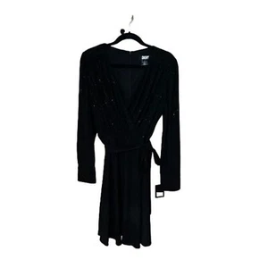 DKNY Plus Size Sparkle Long Sleeve V-Neck Wrap Dress, Black, Size 14 - Picture 1 of 6
