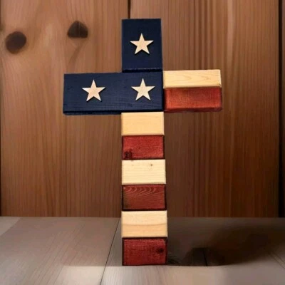 Rustic Primitive Wooden Cross With American Flag Wall Art - Image 1 of 4