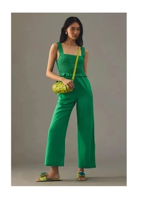 NWT Anthropologie If By Sea Kelly Green Smocked Square Front Jumpsuit Size XS!! - Image 1 of 4