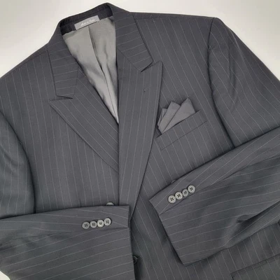 Oscar De La Renta 男式黑色细条纹 Dbl-Breast 羊毛西装夹克外套 44R — 第 1/4 张图片