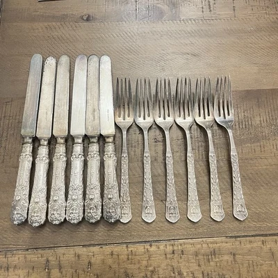 1886 REED & BARTON Plato de Plata RENAISSANCE BACCHUS, 6 Cuchillos y Tenedores de Cena Foto 1 de 4