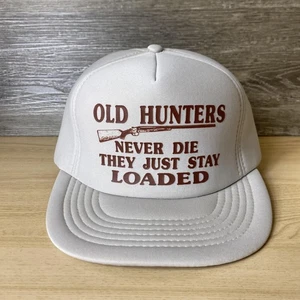 Vintage Old Hunters Hat Cap Snap Back White Brown Loaded Slogan Trucker Mesh 80s - Picture 1 of 10