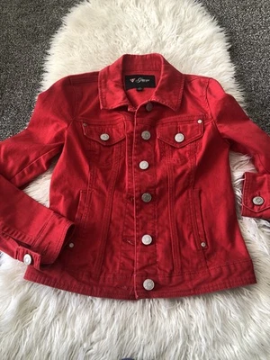 Chaqueta de mezclilla Guess para mujer pequeña roja con botones Jean Trucker Biker H1 Foto 1 de 4
