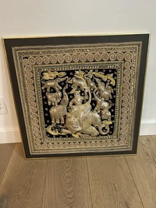 Burmese Kalaga Tapestry Embroidered Sequened Elephants Framed - Picture 1 of 7