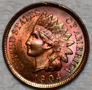 Uncirculated 1904 Indian Head Cent, Iridescent Toned, Red-Brown specimen. - Picture 1 of 2