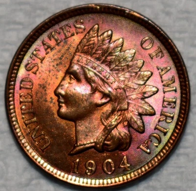 Uncirculated 1904 Indian Head Cent, Iridescent Toned, Red-Brown specimen. - Image 1 of 2