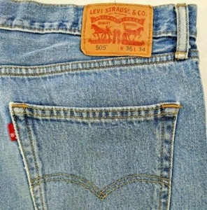 Levis 505 Straight Jeans Mens 36x34 Blue Denim Medium Wash Red Tab Light Wear - Picture 1 of 8