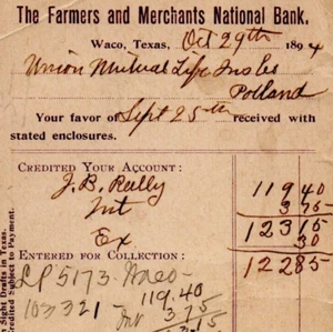 1894 Farmers Merchants National Bank Waco TX Postal Card Union Mutual Ledger - Picture 1 of 3