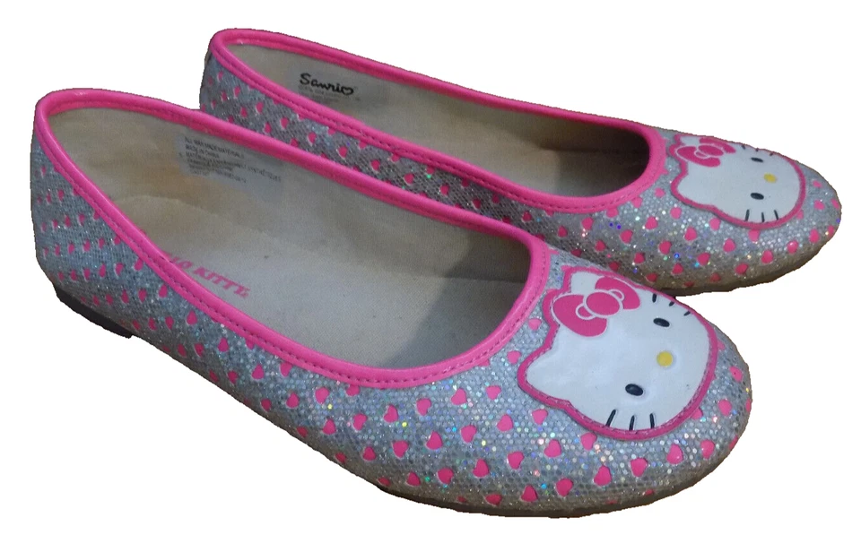 Vtg Sanrio hello kitty Face applique pink silver Hearts Ballet flats 5 wms 7 FUN - Image 1 of 4