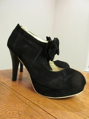 黑色麂皮绒高跟鞋 4.25 英寸厚底露趾拉链踝带蝴蝶结 EU40 — 第 1/4 张图片