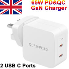 65W GaN Charger USB-C Type C Dual Ports PD Fast Wall Power Adapter UK Plug