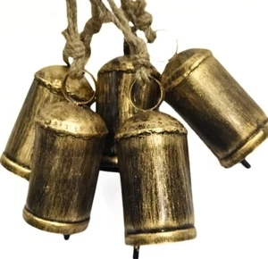 5-Piece Antique Gold 5in Tin Cow Bells with Jute Rope | Rustic Christmas decor - Picture 1 of 5