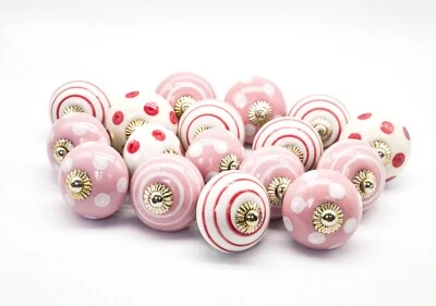 PINK WHITE CERAMIC  Knobs Wardrobe knobs Drawers Handles Pulls Polka B15 - Image 1 of 4