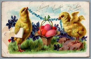 Postcard Easter c1907 Tucks Loving Easter Wishes 2 Chicks Hold Chain of Flowers - Picture 1 of 2