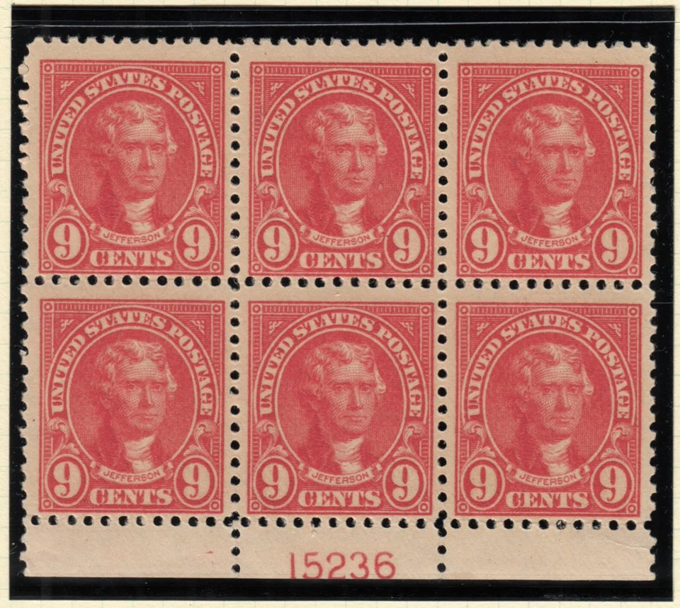 1923 Jefferson 9c rose Sc 561 MNH full original gum, plate block of 6 - Image 1 of 1
