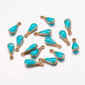10 Enamel Teardrop Charms Antiqued Bronze Drop Findings Teal Turquoise 11mm - Picture 1 of 1