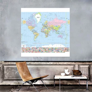 90x90cm 60x60cm Map of the World Map with Flags Poster Prints Home Decoration - Picture 1 of 8