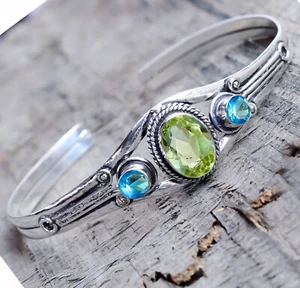 Faceted Peridot, Blue Topaz Gemstone Bracelet 925 Sterling Silver Men's Cuff - Picture 1 of 6