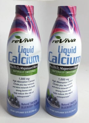 ReViva Liquid Calcium Plus Vit D3 Magnésio, Sabor Mirtilo 32oz, (2 PACOTES) - Imagem 1 de 4