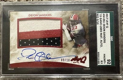 2017 Leaf Q Flashback 2015 Deion Sanders Game Used Patch Auto #9/10 SGC 8.5 - Image 1 of 3