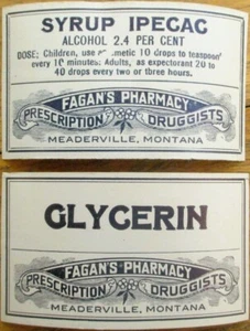 Meaderville, MT 1910 Drug Store Fagan's Pharmacy, Pair Medicine Labels, Montana - Picture 1 of 1