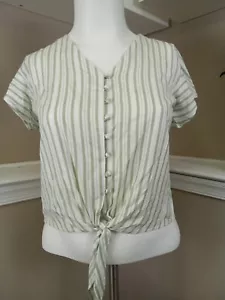 Sim And Sam Women Green/White Striped Button Down With Tie Top Size Xlarge - Picture 1 of 16