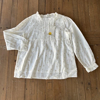 Mini Boden Gold Foil Confetti Polka Dot Lace Long Sleeve Blouse Girls 6-7 NWT - Image 1 of 4