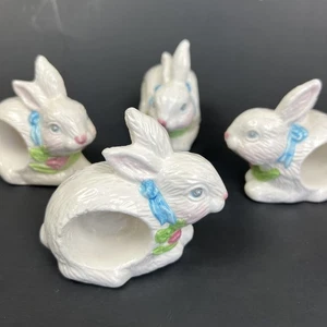 Set 4 Ceramic Bunny Rabbit NAPKIN RINGS Holders Spring Easter Vingage - Picture 1 of 8