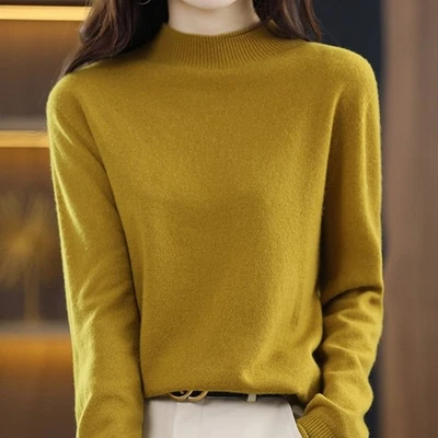 Suéter cardigã feminino 100% cashmere gola simulada manga longa pulôver cashmere - Imagem 1 de 4
