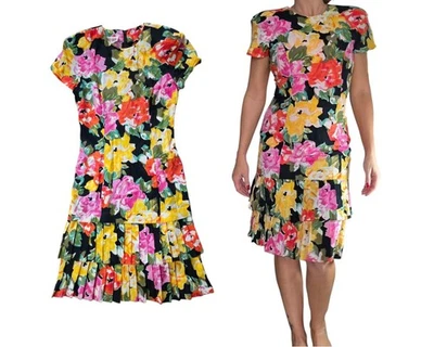 Vintage Maggy London Short-sleeve Floral Dress Small Pleated Tiered Rockabilly - Image 1 of 4