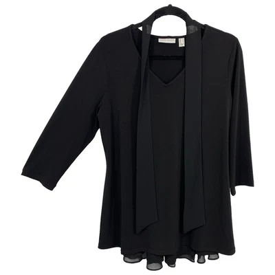 Susan Graver Medium Tunic Slinky Knit Black Ruffle Chiffon Tie V neck Lagenlook - Image 1 of 4