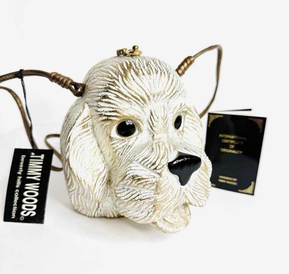Timmy Woods Beverly Hills Caniche Cabeza de Perro Cartera Bolso de Mano Madera Tallada Etiquetas Certificado de Autenticidad Foto 1 de 4