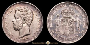 Amadeo I. 5 Pesetas. (24,91 g.). Madrid. 1871 *18-74*. DE·M. AC-5. MBC+. Bella  - Imagen 1 de 3