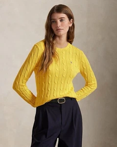 NWT Polo Ralph Lauren Cable Knit Sweater Womens Small Yellow Cotton Crewneck - Picture 1 of 11