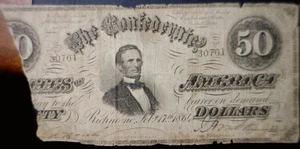 1864 $50 Confederate States Civil War Currency CSA Bank Note  1c START AUCTION - Picture 1 of 2