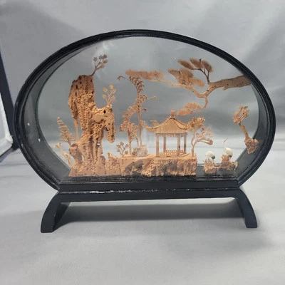  San You Oriental Hand Carved Cork Art 3D Diorama | Cranes, Pagoda, & Bonsai - Image 1 of 4