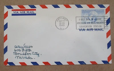 AIR MAIL CACHET 1949 "FIRST DAY COVER SOCIETY CONVENTION STATION CHICAGO See Pic - Image 1 of 2