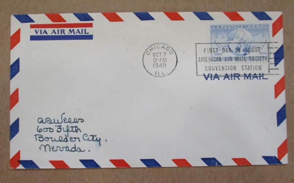 AIR MAIL CACHET 1949 "FIRST DAY COVER SOCIETY CONVENTION STATION CHICAGO See Pic - Image 1 of 2