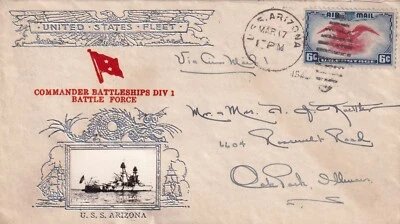1940 USS Arizona BB-39, Commander Battleship Div 1 to Oak park, IL ... (N8853) - Image 1 of 2