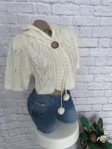 kurze Strickjacke mit Kapuze Bolero 40% Wolle kuschelig grau schwarz weiß neu - Bild 1 von 15