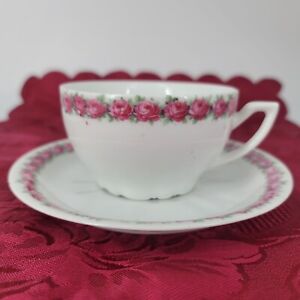 Vintage C&E Tea Cup & Saucer Set White with Pink Rose Border, Made in Germany
