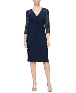 ๐ ALEX EVENINGS Navy Sequin Sheer 3/4 Sleeve V-Neck Twist Jersey Dress 16 = XL - Picture 1 of 3