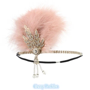 Pink Great Gatsby Headpiece Flapper 20s Costume Headband Headdress Feather - Picture 1 of 2