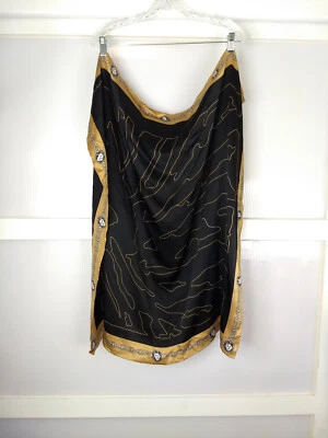 Anne Klein Rolled Hem Scarf Black Gold Abstract Pattern Lion Chain Lightweight - Image 1 of 4