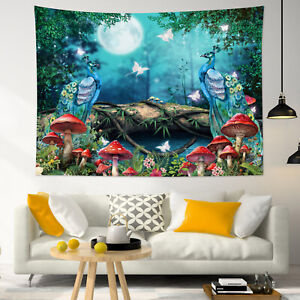 Magic Forest Peacock Red Mushroom Floral Tapestry for Bedroom Living Room Dorm